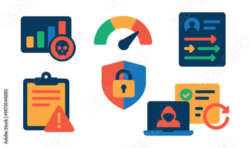 Flat vector icons of cybersecurity dashboard: threat chart, risk level gauge, data traffic, user logs, incident report, secure protocols, dark web scan, response tracker.