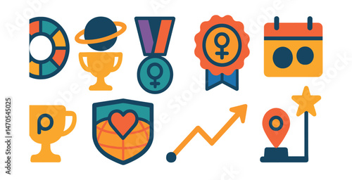 Flat vector icons of yearly horoscopes: year wheel badge, major transits trophy, Jupiter cycle medal, Saturn return ribbon, eclipse season dates icon, love forecast map badge, career trajectory line