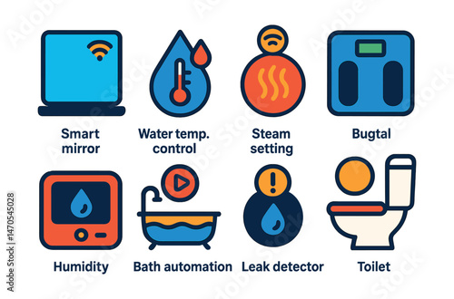 Flat vector icons of smart bathroom: smart mirror, water temperature control, steam setting, digital scale, humidity monitor, bath automation, leak detector, toilet bidet.