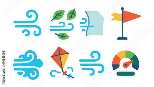 Flat vector icons of wind and air: wind swirl, blowing leaves, paper flying, weather vane, kite in wind, strong gusts, breezy icon, air quality index.