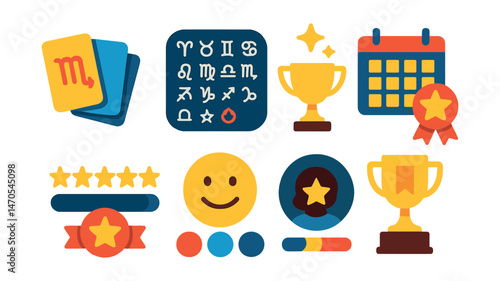 Flat vector icons of horoscope user interface elements: swipeable cards badge, zodiac menu icons trophy, horoscope calendar grid medal, star rating bar ribbon, interactive mood selector icon,