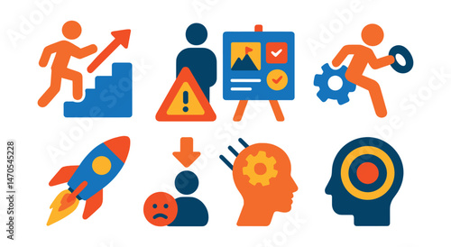 Flat vector icons of entrepreneurial mindset: persistence icon, risk icon, vision board, hustle icon, motivation boost, failure learning, agile mindset, focus symbol.