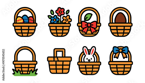 Flat vector icons of Easter baskets: basket with eggs, basket with flowers, decorated basket ribbon, chocolate egg inside, basket on grass, picnic-style basket, bunny in basket, colorful bow on