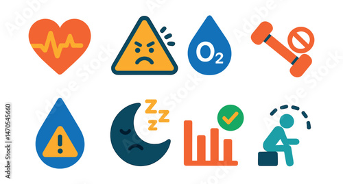 Flat vector icons of health alerts: irregular heartbeat, high stress, low oxygen, overtraining, hydration warning, poor sleep, missed goal, inactivity alert.
