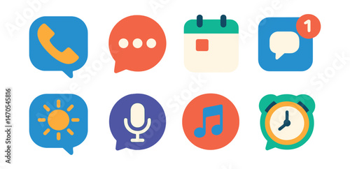 Flat vector icons of smart notifications: incoming call, text alert, calendar reminder, app message, weather update, voice assistant, music control, alarm clock.
