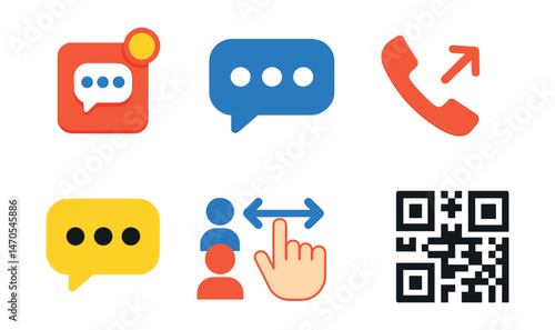 Flat vector icons of mobile communication: push notification, typing dots, missed call, voicemail icon, chat bubble with dots, group avatar, swipe gesture, QR code.