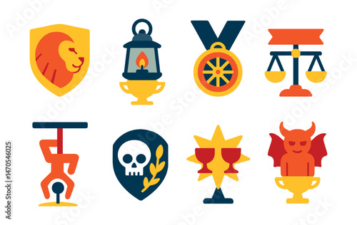 Flat vector icons of major arcana tarot (continued): Strength lion badge, The Hermit lantern trophy, Wheel of Fortune medal, Justice scales ribbon, The Hanged Man icon, Death transformation badge,