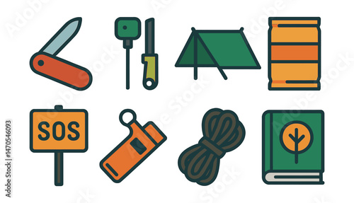 Flat vector icons of forest survival: pocket knife, firestarter, shelter tarp, food ration, SOS sign, whistle, paracord, survival manual.