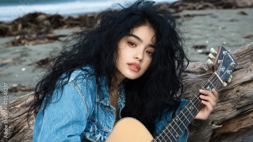 Woman with long curly hair, denim jacket, and acoustic guitar on beach.
