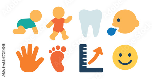 Flat vector icons of baby milestones: crawling baby, baby’s first steps, first tooth, baby’s first word, handprint, footprint, growth chart, smiley face.