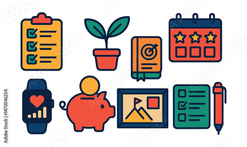 Flat vector icons of resolutions and planning: resolution checklist, new habit icon, journal with goals, calendar marked with stars, fitness tracker, piggy bank for savings, vision board frame,