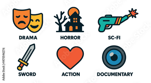 Flat vector icons of entertainment genres: drama mask, comedy icon, horror scene, sci-fi laser, fantasy sword, romance heart, action burst, documentary lens.