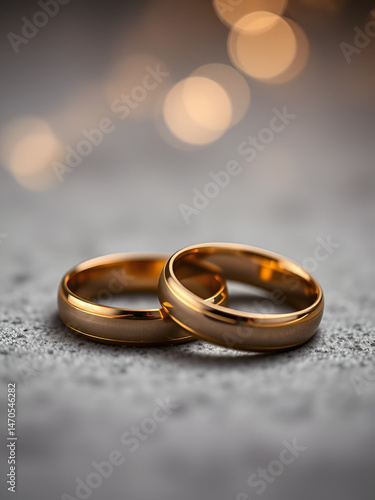 Shimmering golden wedding bands on muted grey surface with dreamy bokeh lighting, representing lifelong partnership, matrimonial bonds and elegant jewelry