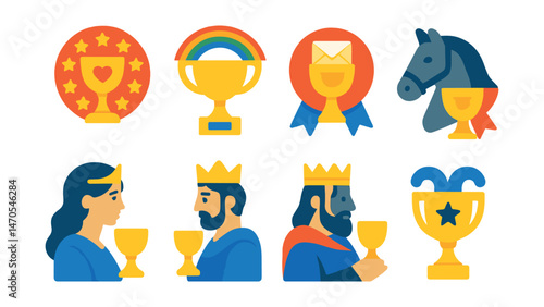 Flat vector icons of suit of Cups (continued): Nine of Cups wish badge, Ten of Cups joy trophy, Page of Cups message medal, Knight of Cups romance ribbon, Queen of Cups compassion icon, King of Cups