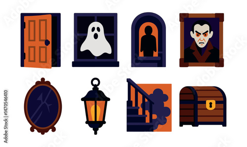 Flat vector icons of haunted house elements: creaky door, ghost in window, shadow figure in hallway, broken mirror, hanging lantern, stairwell fog, spooky portrait, attic chest.