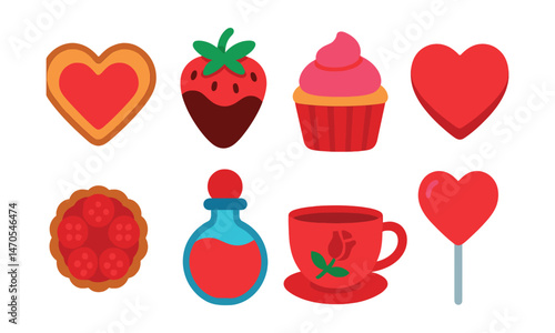 Flat vector icons of Valentine’s treats: heart-shaped cookie, strawberry dipped in chocolate, pink cupcake, candy heart with text, raspberry tart, love potion bottle, rose tea cup, sweetheart