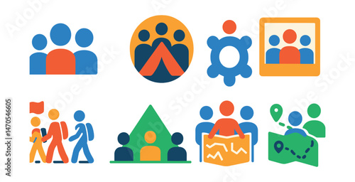 Flat vector icons of group adventure: team icon, camp circle, shared gear, group photo, team trail, group tent, collective plan, route discussion.