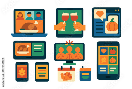 Flat vector icons of Thanksgiving digital life: online dinner call, video toast, gratitude post on social media, recipe app, calendar marked with turkey, virtual prayer group, digital invite, photo