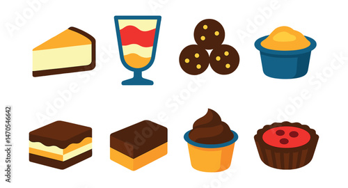 Flat vector icons of no-bake desserts: cheesecake slice, parfait glass, energy bites, pudding cup, tiramisu, fridge bar, mousse cup, raw tart.