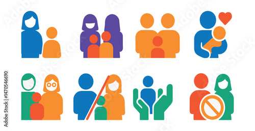 Flat vector icons of modern family structures: single parent, blended family, same-sex parents, adoptive family, multi-generational home, co-parenting, foster care, childless couple.