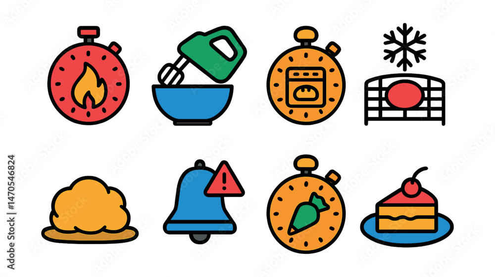 Flat vector icons of baking timer moments: preheat icon, mix timer, baking progress, cool down stage, rest dough, decorate alert, timer bell, ready-to-serve. Flat vector icons of baking timer moments: preheat icon, mix timer, baking progress, cool down stage, rest dough, decorate alert, timer bell, ready-to-serve.