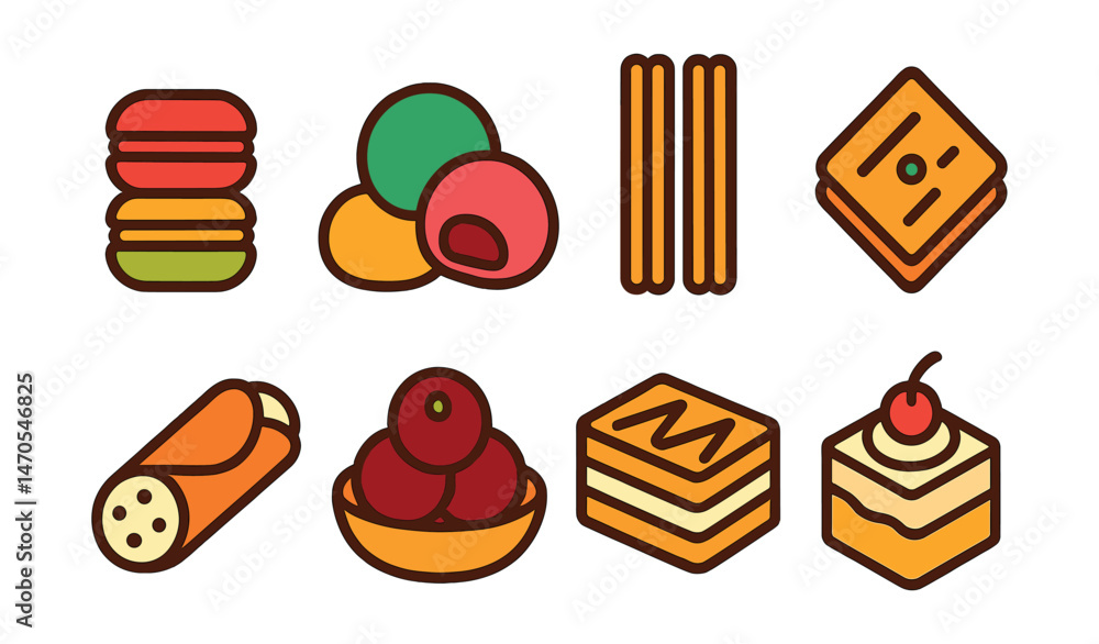 Flat vector icons of international desserts: macarons, mochi, churros, baklava, cannoli, gulab jamun, mille-feuille, tres leches cake. Flat vector icons of international desserts: macarons, mochi, churros, baklava, cannoli, gulab jamun, mille-feuille, tres leches cake.