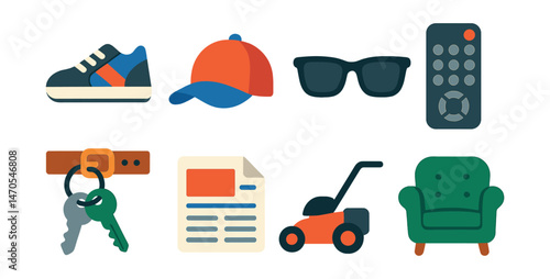 Flat vector icons of classic dad items: sneakers, baseball cap, sunglasses, remote control, keys on belt, folded newspaper, lawn mower, favorite chair.