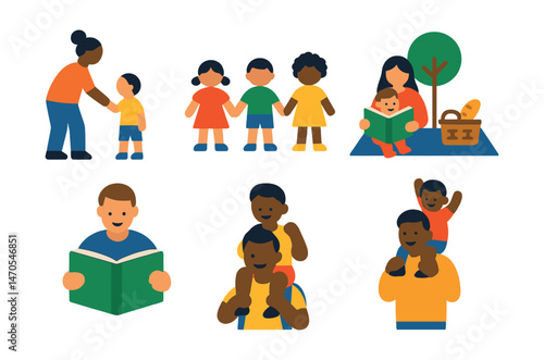 Flat vector icons of kids and family: child with parent, kids holding hands, family picnic, storytime moment, child on shoulders, school group, diverse children, grandparent and child.
