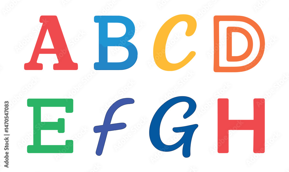 Flat vector icons of typographic styles: serif capital letter A, sans-serif B, script letter C, outline D, monospaced E, handwritten F, calligraphy G, futuristic H. Flat vector icons of typographic styles: serif capital letter A, sans-serif B, script letter C, outline D, monospaced E, handwritten F, calligraphy G, futuristic H.