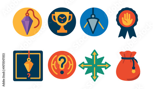 Flat vector icons of pendulum divination: gemstone pendulum badge, yes-no maybe chart trophy, metal pendulum swing medal, steady hand ribbon, pendulum reading mat icon, question energy field badge,
