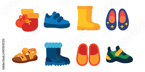 Flat vector icons of footwear for children: baby booties, velcro sneakers, rubber rain boots, sparkly ballet flats, open sandals, snow boots with fur, house slippers, climbing shoes for kids.