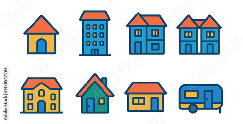 Flat vector icons of residential buildings: house, apartment building, townhouse, duplex, villa, cottage, bungalow, mobile home.