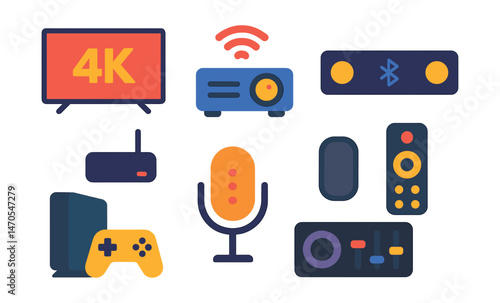 Flat vector icons of streaming and media tech: 4K smart TV, wireless projector, streaming box, Bluetooth soundbar, media control remote, gaming console, podcast microphone, video editing controller.