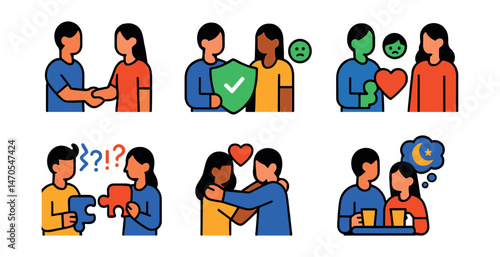 Flat vector icons of couple dynamics: partnership, trust, jealousy, teamwork, misunderstanding, apology hug, coffee date, shared dreams.
