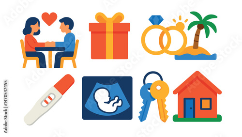 Flat vector icons of relationship milestones: first date, anniversary gift, wedding rings, honeymoon, pregnancy test, ultrasound, home keys, moving in.