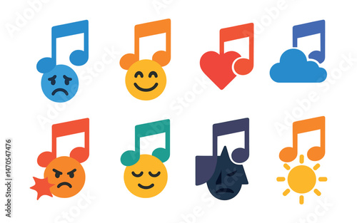 Flat vector icons of music emotion: sad song, happy tune, energetic beat, romantic ballad, chill vibe, dramatic score, calm melody, uplifting chorus.