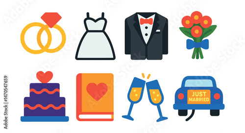 Flat vector icons of Wedding celebration: wedding rings, bride dress, groom suit, bouquet, wedding cake, vows book, champagne toast, just married car.