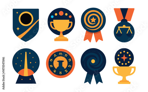 Flat vector icons of cosmic alignments: solar eclipse path badge, planetary alignment chart trophy, equinox spiral medal, lunar nodes balance ribbon, galactic center beam icon, zodiac belt map badge,