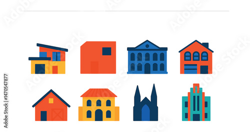 Flat vector icons of architectural styles: modern house, minimal cube, classic mansion, industrial loft, farmhouse, Mediterranean villa, gothic structure, art deco.