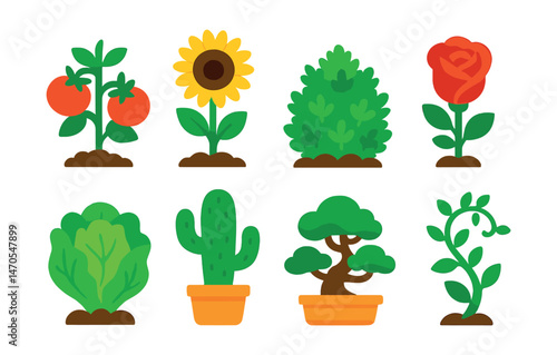 Flat vector icons of garden plants: tomato plant, sunflower, herb bush, rose, lettuce, cactus, bonsai, climbing vine.