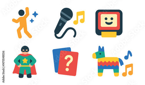 Flat vector icons of party activities: dancing icon, karaoke mic, photo booth, game controller, costume contest, quiz cards, pinata, music notes.