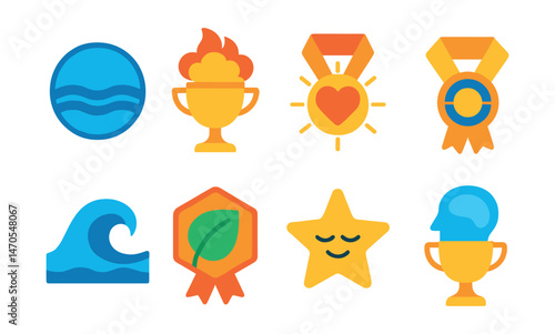 Flat vector icons of emotions in meditation: calm water mind badge, rising frustration cloud trophy, heart-opening glow medal, centered balance ribbon, gratitude wave icon, letting go leaf badge,