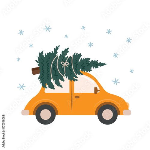 christmas greeting card with car and christmas tree vector illustration