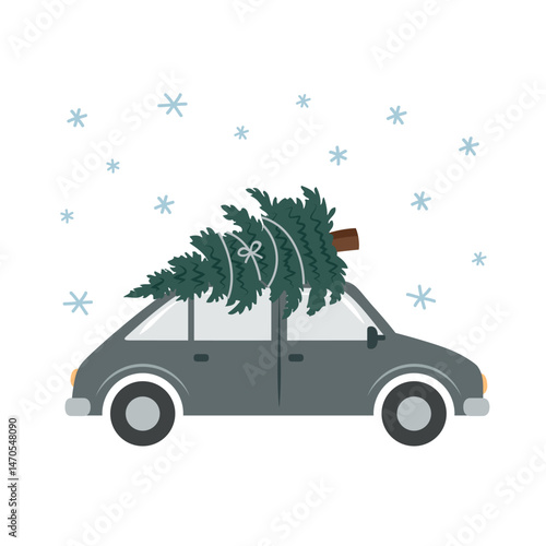 cute little car with christmas tree isolated vector illustration