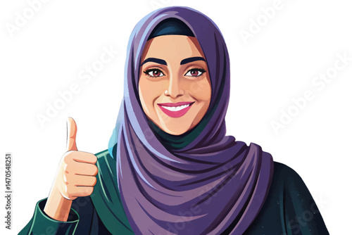 Confident young Arab woman wearing black hijab, smiling and giving thumbs-up gesture Positive expression, empowerment, and approval concept. Isolated on white, perfect for diversity, confidence vector