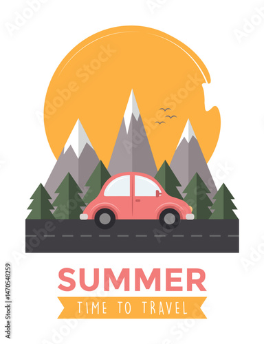 summer vacation travel with car on the road vector illustration