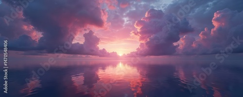 Dramatic sunset sky with dark rainy clouds, fluffy purple clouds over calm lake water, reflections. Nature landscape background with light, sun, colorful view. Stormy weather, evening atmosphere,