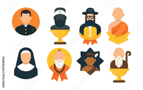 Flat vector icons of religious leaders: priest in robe badge, imam silhouette trophy, rabbi with Torah medal, monk in saffron ribbon, nun with veil icon, guru with beads badge, shaman with feather
