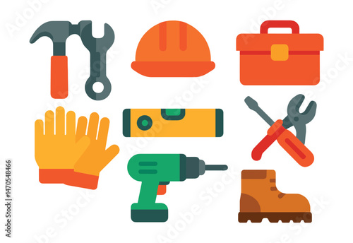 Flat vector icons of labor tools: hammer and wrench, construction helmet, toolbox, safety gloves, level ruler, screwdriver and pliers, drill machine, work boots.