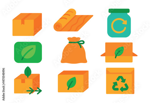 Flat vector icons of eco-friendly packaging: cardboard box, paper wrap, compostable label, returnable jar, fabric pouch, minimal packaging, eco shipping, recyclable mailer.